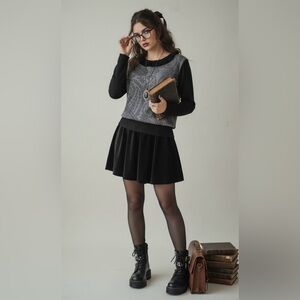 Whimsigoth Dark Academia Sweater Top L Black Paisley Print Ruffle Neck